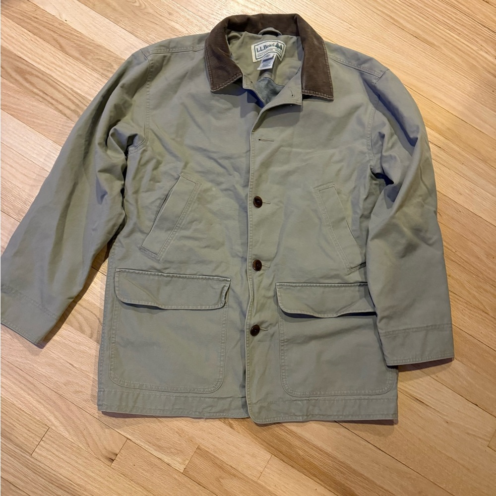 Vtg LL Bean Barn Chore Jacket M Canvas Corduroy Collar Cuff Olive Brown Pockets
